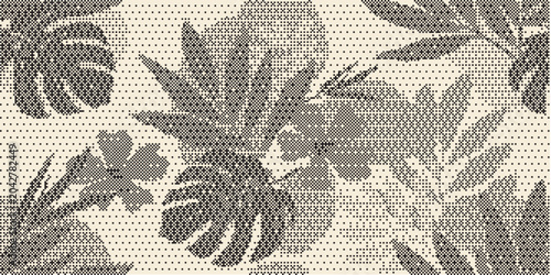 Monochrome halftone abstract tropical leaf pattern, seamless black and white pixelated floral background with monstera elements.