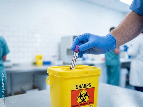 A healthcare worker wearing blue nitrile gloves carefully places a positive COVID-19 blood sample test tube into a yellow biohazard sharps container for safe disposal in a medical laboratory