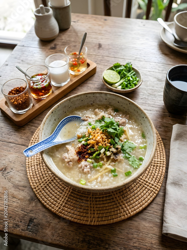 Traditional Thai Rice Soup Khao Tom with Pork and Condiments