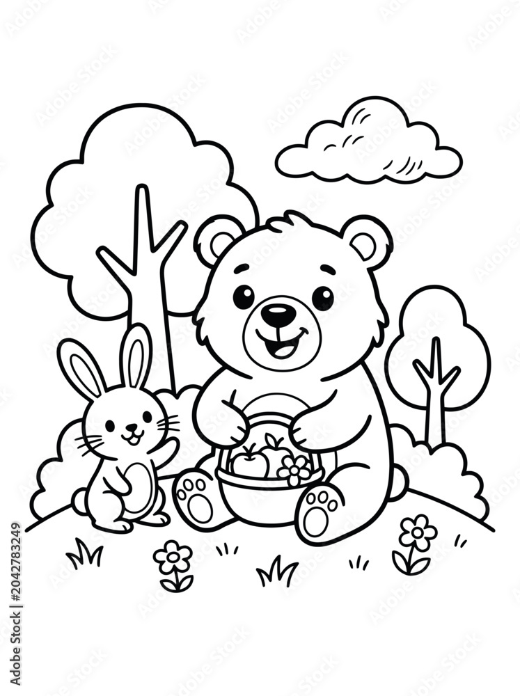 Fototapeta premium cute teddy bear and rabbit coloring with clouds vector illustration flat design