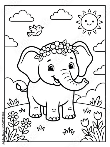 cute elephant coloring page with clouds and rain vector illustration