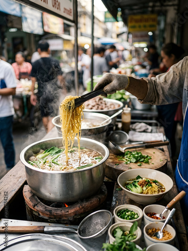 Authentic Thai Egg Noodles with Soup at Traditional Street Stall