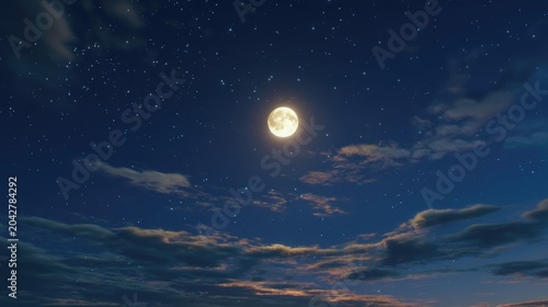 Serene Night Sky with Full Moon and Twinkling Stars Over Soft Cloudscape at Dusk