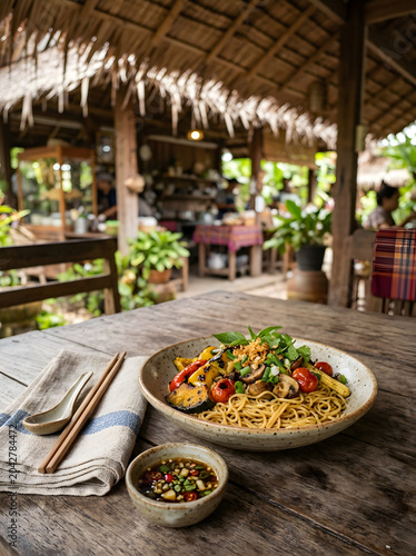 Thai Egg Noodles with Roasted Vegetables in Rustic Restaurant