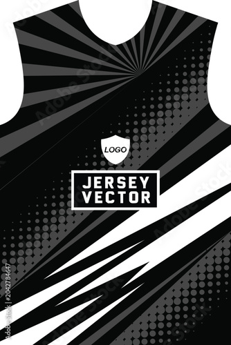 Modern black and white jersey sublimation pattern with geometric halftone speed lines, Gaming, Football, Soccer, Basketball, Volleyball and E sport jersey design vector template.
