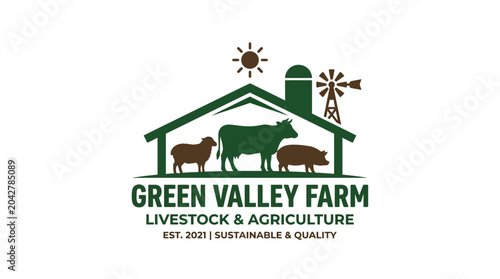 Farm logo with cow, sheep, and pig inside a house silhouette with windmill and sun