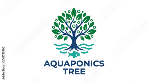 Fotografie Aquaponics tree logo with fish and water, graphic element