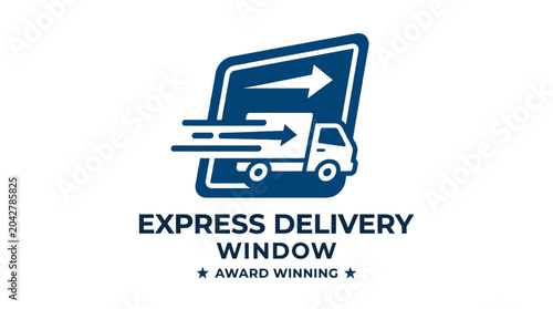 Express delivery truck icon with speed lines and window frame, modern graphic element.