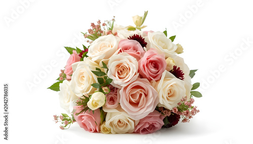 Elegant wedding flower bouquet with white pink roses and greenery on white background for decoration