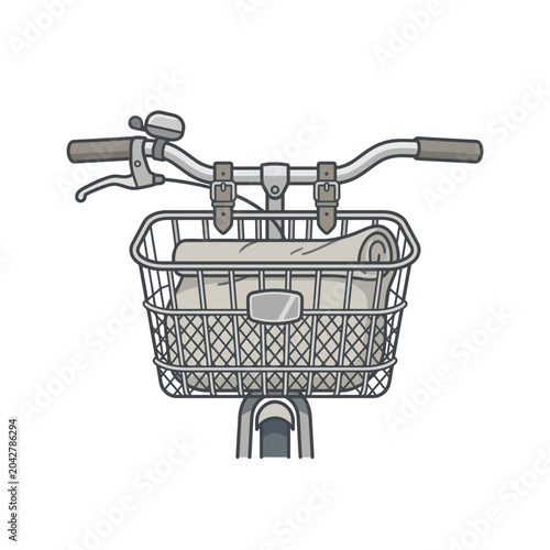 Bicycle handlebars with wire basket and rolled blanket.