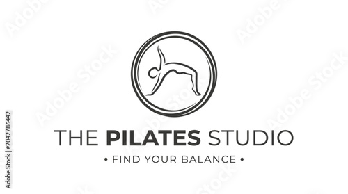 Vector logo for a pilates studio featuring a stylized figure in a yoga pose within a circular frame.
