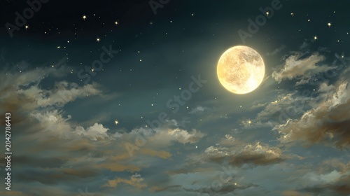 Serene Night Sky with Bright Moon and Twinkling Stars Illuminating Soft Clouds