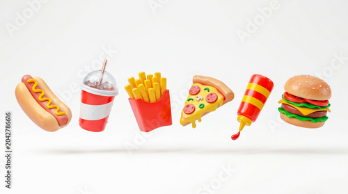 Colorful 3D fast food icons with hot dog, soda, fries, pizza, ketchup bottle and burger floating on a clean white background for menu, delivery, snack and restaurant design.