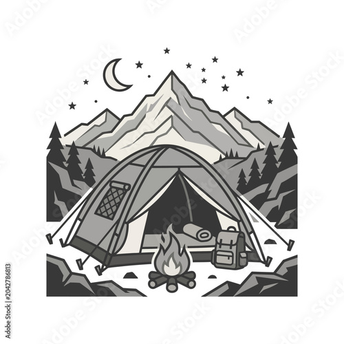 Detailed night camping badge with tent and mountains.