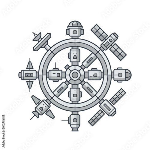 Circular futuristic space habitat or orbital station icon.