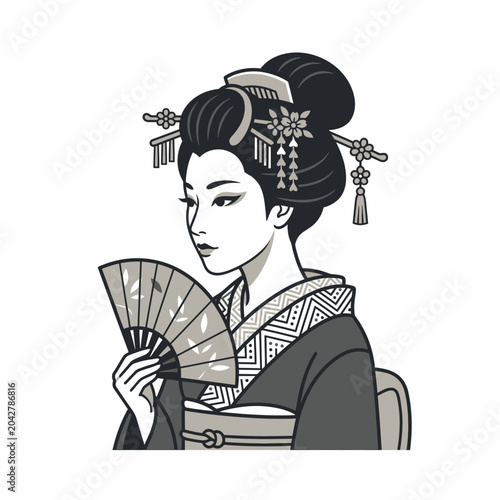 Elegant Japanese geisha holding a traditional folding paper fan.