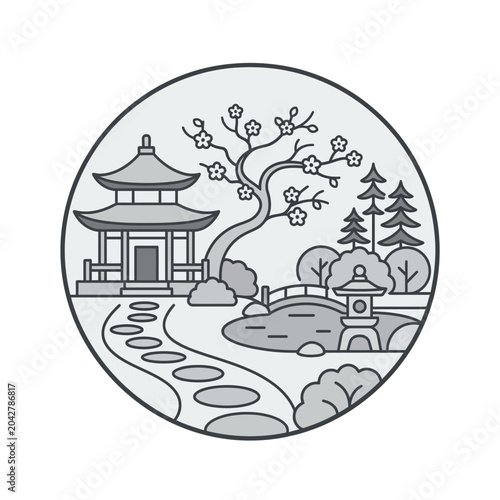 Zen Japanese garden landscape within a circular frame.