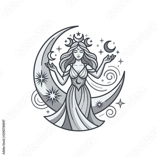 Celestial goddess illustration sitting on a crescent moon frame.