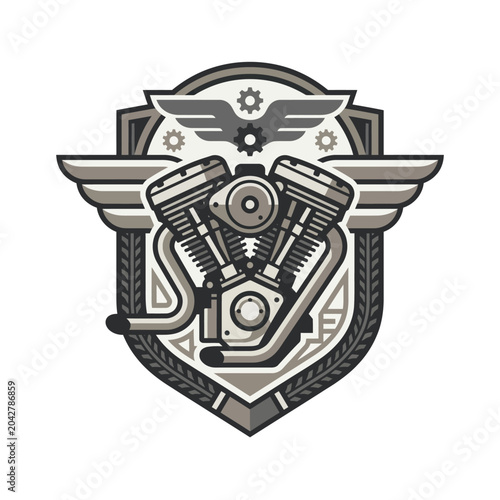 Vintage motorcycle V-twin engine emblem with wings and shield.