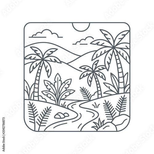 Tropical island landscape line art with palm trees and sun.