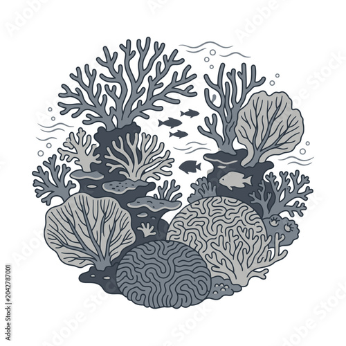 Circular composition of diverse coral species and small fish.