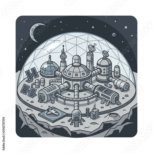 Lunar base colony under a glass dome on moon.