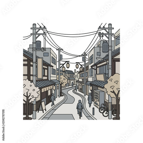 Detailed line art of a narrow street in Japan.