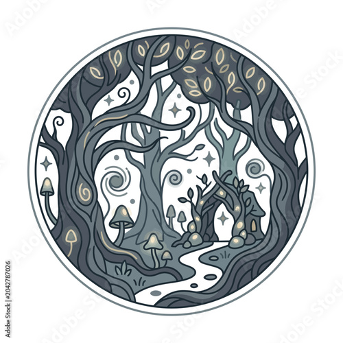 Magical enchanted forest path circular illustration.