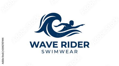 Surfer riding a wave, dynamic logo design for swimwear brand, silhouette illustration