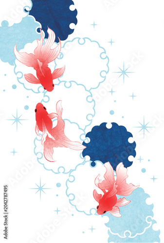 金魚と雪輪の暑中見舞いはがきイラスト、キラキラ、かわいい、白
