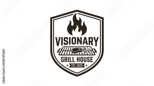 Grill house emblem with flame and steak, vector logo design