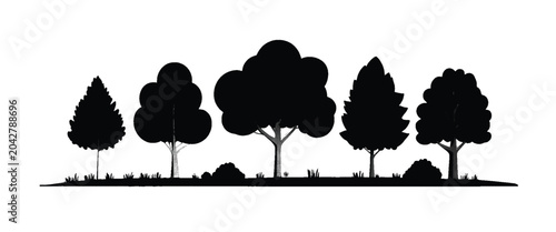 Silhouetted diverse trees and bushes against a white background with textured grass and ground line black