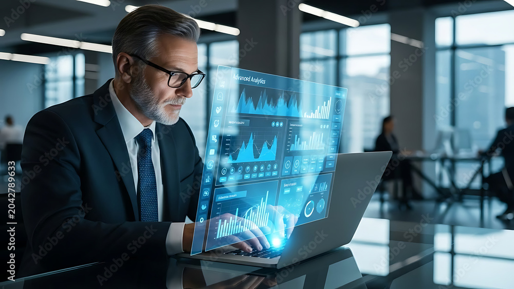 Fototapeta premium Businessman using futuristic digital interface with data charts