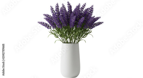 Fresh purple lavender bouquet in white ceramic vase on bright background