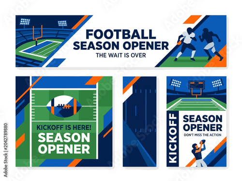 Dynamic Football Season Opener Promotional Banner and Social Media Graphics Set with Players and Stadium View