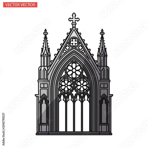 Gothic Church Facade with Rose Window and Spires - Vector Illustration