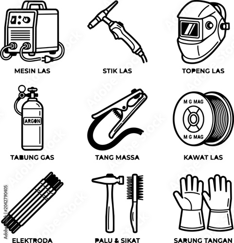 Welding Equipment Icons Set: Machine, Torch, Helmet, Gas Cylinder, Clamp, Wire, Electrodes