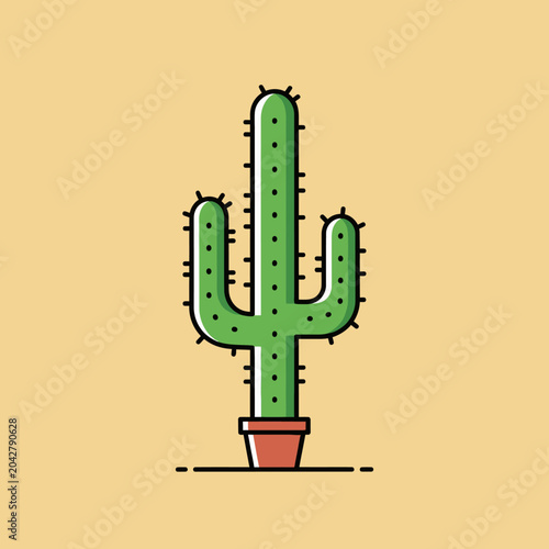 Green Saguaro Cactus in Pot, Flat Design, Desert Plant Illustration