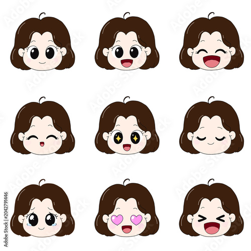 Foto Cute chibi girl character happy expressions set, 9 happy facial emotions bundle,