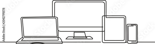 Modern one line drawing of electronic devices set with blank screens
