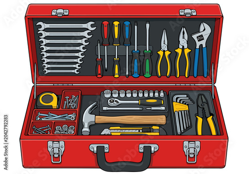 Tableau sur toile A vibrant red tool kit showcases a comprehensive set of tools
