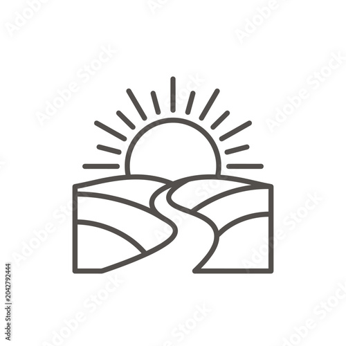 Sunrise over rolling hills and winding path line icon.