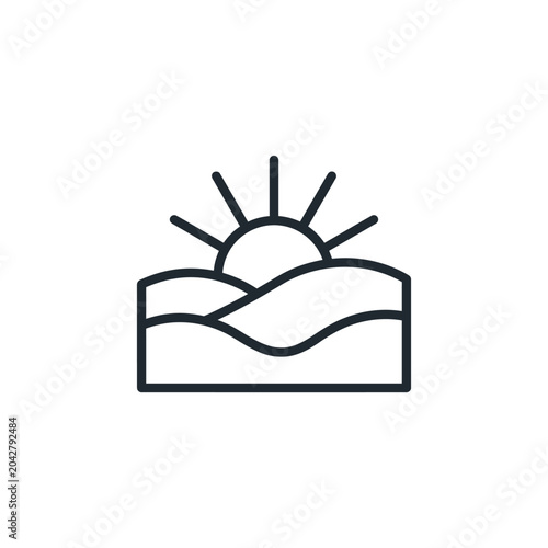 Simple sun rising over hills line art icon