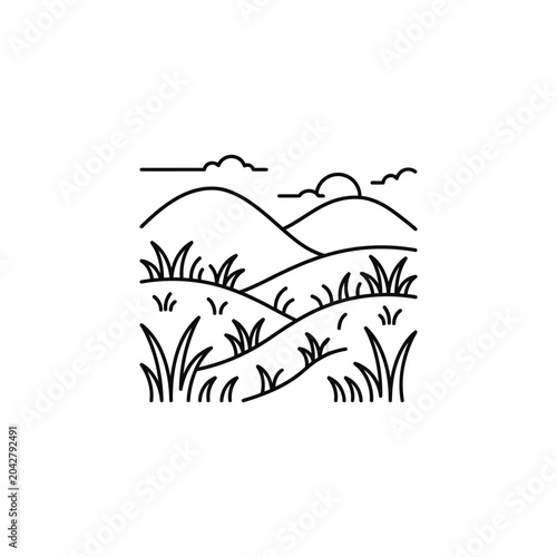 Φωτογραφία Minimalist mountain range and grassy field landscape line art.