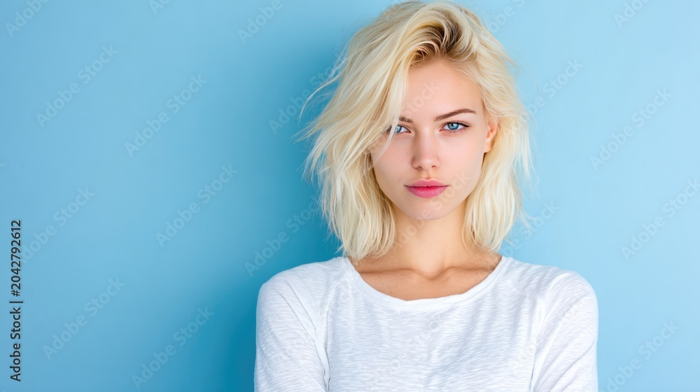 Naklejka premium Portrait of a Confident Young Woman with Short Blonde Hair Against a Soft Blue Background in Natural Light