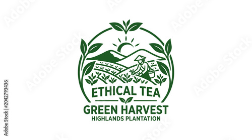 Foto Vector logo for ethical tea farm with farmer in highlands plantation