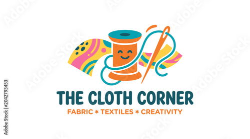 Fotografie Cute cartoon spool of thread with needle and fabric graphic element