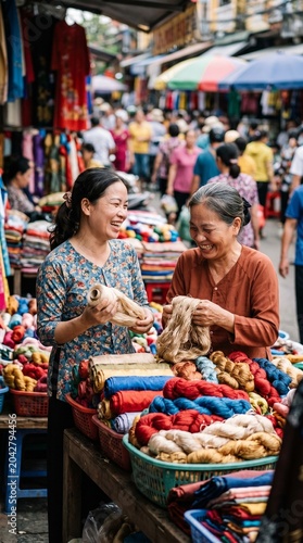 Vibrant Market Scene with Women Selling Colorful Yarns