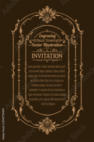 Illustration Elegant Vintage Engraving Invitation Frame with Scrollwork and Customizable Text Areas.