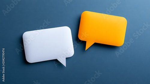 Awesome photo of two rectangular blank speech bubbles white and orange on dark blue background.